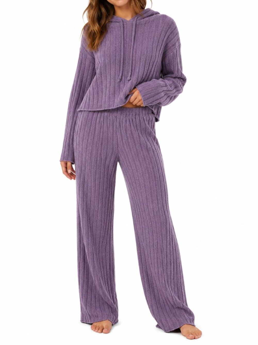 SHEIN Petite M Purple Ribbed Knit 2-Pc Hoodie Wide Leg Pants Set